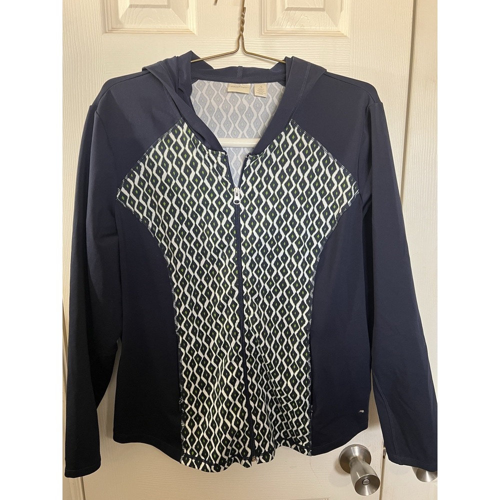 Zenergy Chico's Sz‎ 3 Blue White Zip Up Jacket Stretch Hooded Casual Pockets